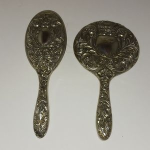 Vintage Silver Tone Ornate Brush & Mirror Set